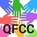 Queensland Faith Communities Council logo. Eight different coloured hands showing the five fingeres in a square.